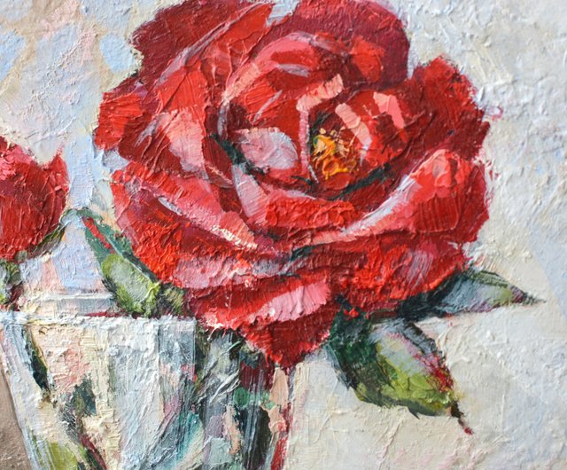 ベラルーシ バラのオリジナル油絵 20x20cm 現代絵画 現代風 赤い花