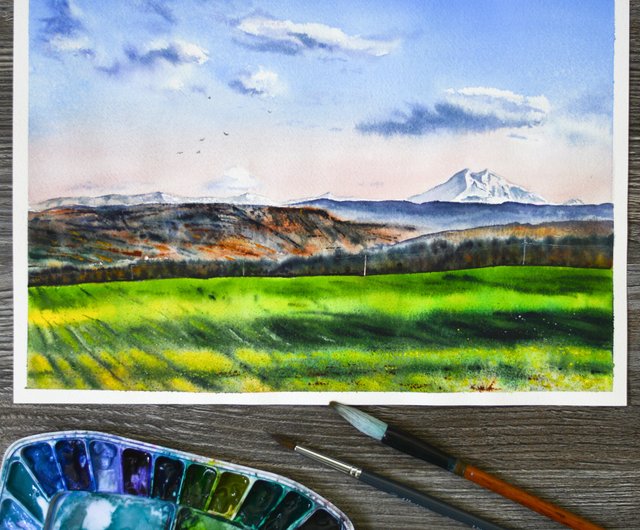 ロシア 元の水彩画マウント エルブルス絵画風景山風景アートワーク