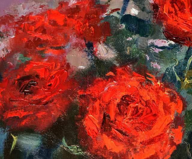 送料無料】ロシア バラの絵赤い花アートワーク花の帆布オリジナル