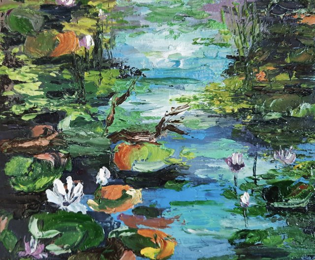 ロシア 池の絵睡蓮の絵オリジナルの油絵小さな壁の芸術抽象 AsheArt