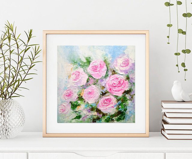 10%OFF】ロシア ピンクのバラの花の花束オリジナル油絵花の壁アート厚