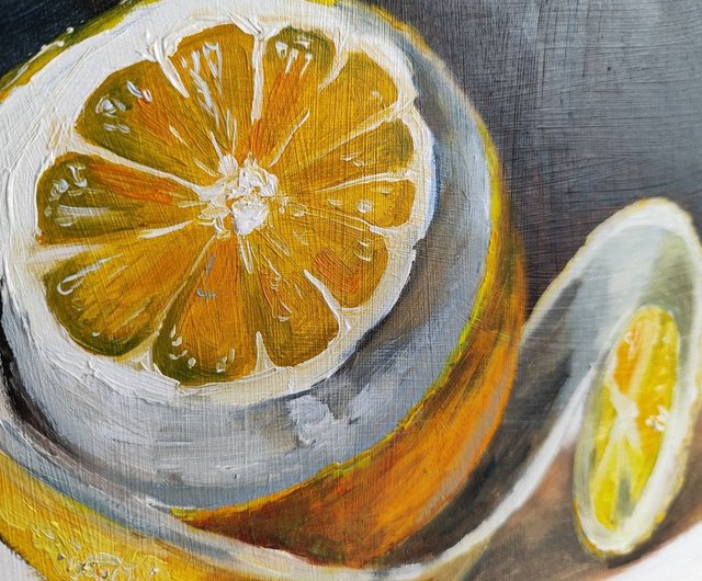 ロシア レモンの絵 オリジナル オイル アート 静物画 20 x 20 cm