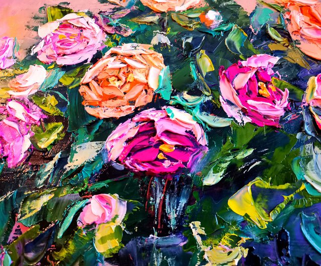 ロシア ピンクと黄色のバラの花の花束花瓶油絵厚塗りオリジナル