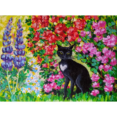 原画#3097 黒猫 猫 薔薇 花 水彩画 ドローイング インテリア アート 絵