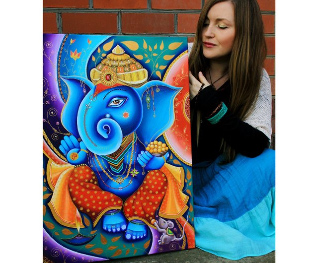 送料無料】ロシア ガネーシャ絵画インドオリジナルアート Ganapati