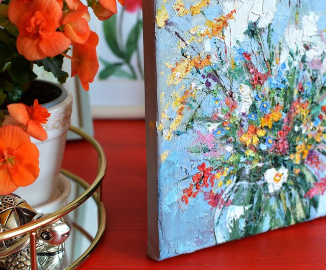 ベラルーシ 草原の花 オリジナル油絵 キャンバス厚塗り 20x20cm モダン