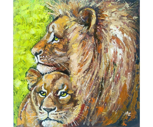 送料無料】ロシア ライオンズ絵画オリジナルアート ライオンと雌