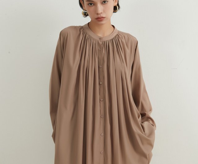 送料無料】長袖チュニック丈ロングブラウス羽織シャツふわゆれギャザー