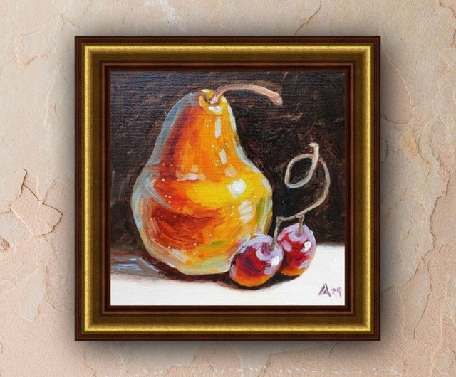 ロシア 明るい梨の絵オリジナル油絵静物画 15 × 15 cm フルーツアート