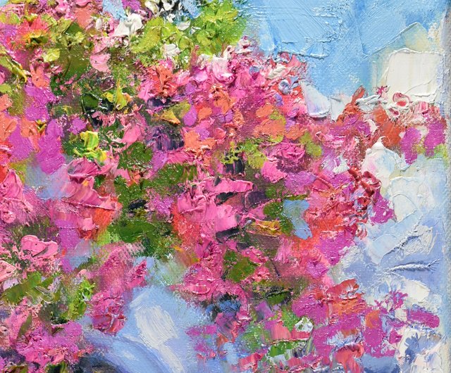 透明水彩画 原画 「エーゲ海とブーゲンビリア01」額縁付き F4サイズ