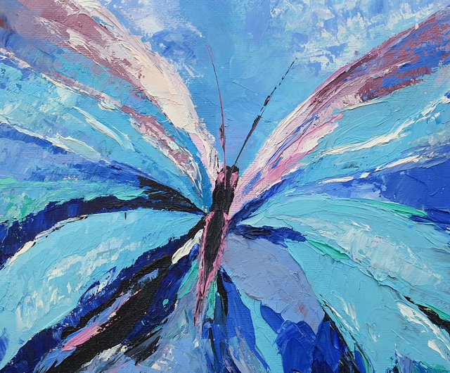 タイ 青い蝶の絵美しい昆虫蛾の羽オリジナル アート トロピカル モグラ