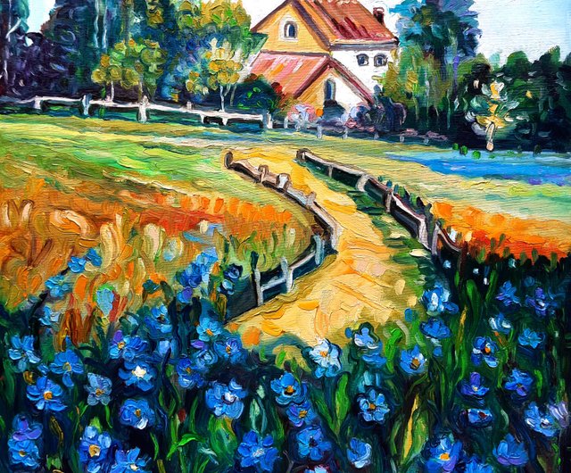 送料無料】ロシア 青い花畑の絵画オリジナル油絵アート壁の装飾