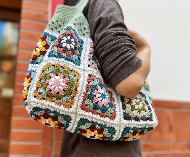 台湾 花格日和・レトロ花タイルパッチワークかぎ針編みトートバッグ