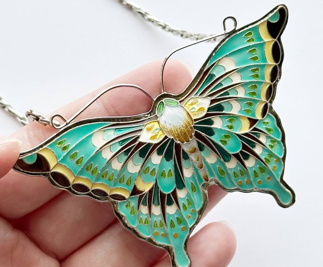 蝶 【Emerald】 七宝焼のブローチネックレス 純銀胎七宝 太田七宝