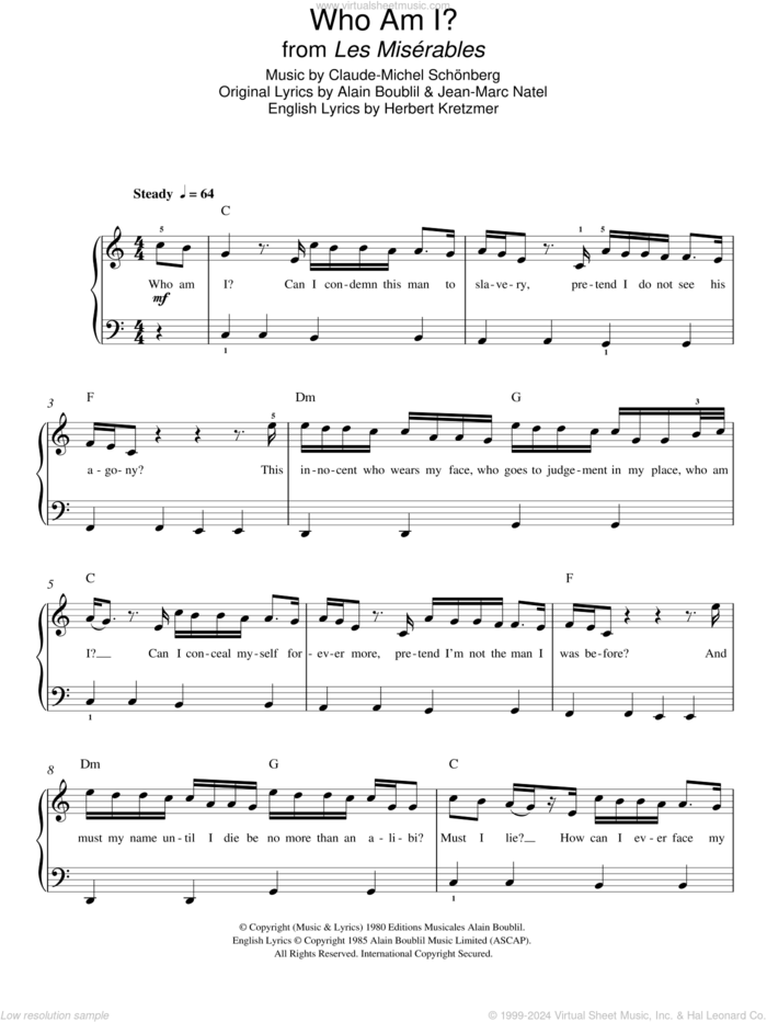 Who Am I? (from Les Miserables), (easy) sheet music for piano solo
