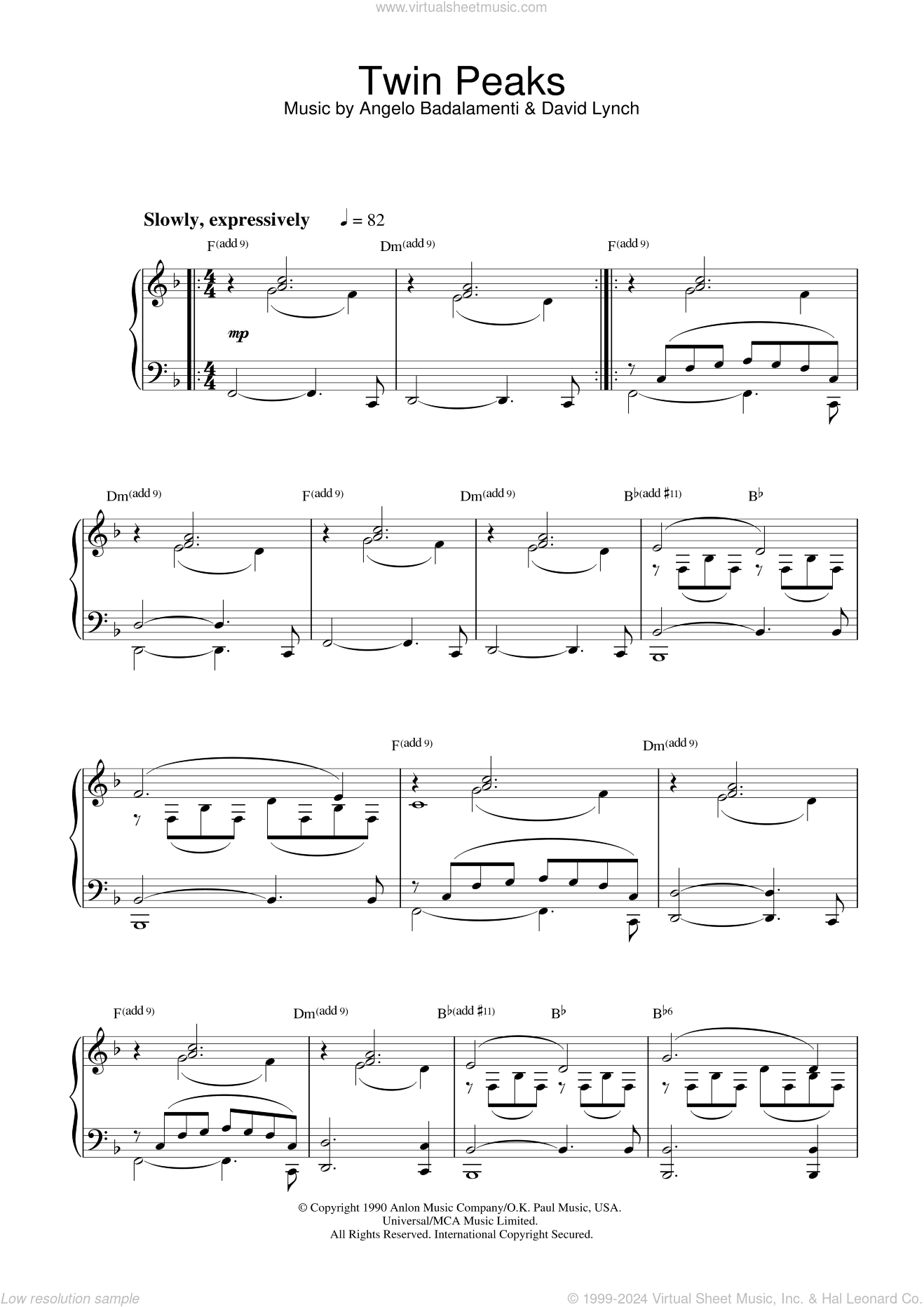 Theme from Twin Peaks sheet music for piano solo (PDF)