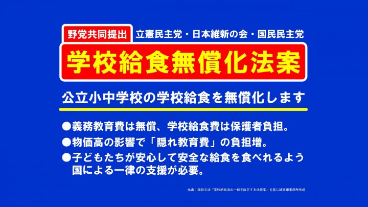 政調】「学校給食無償化法案」を野党3党で衆院に提出 - 立憲民主党