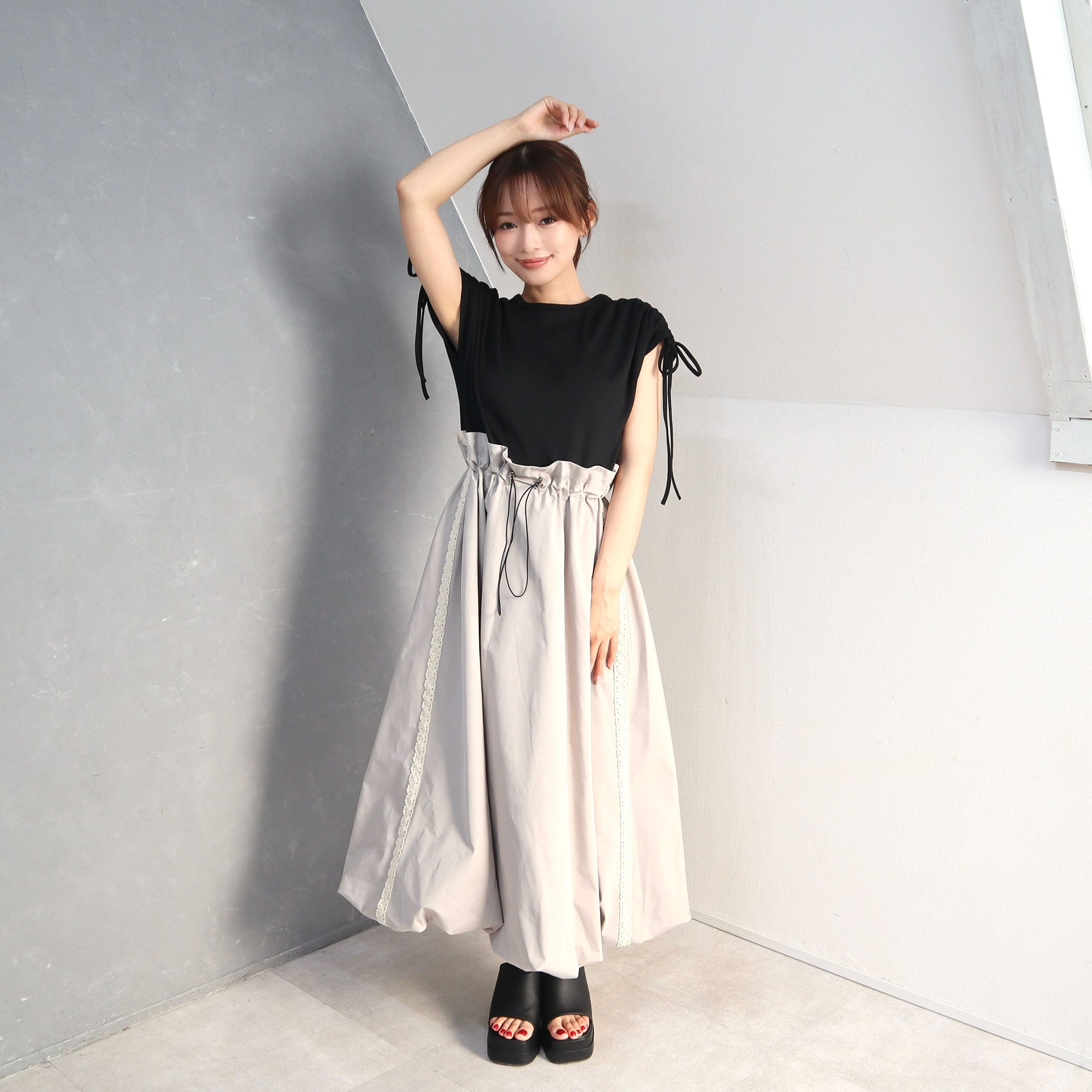 リブxサイドレース付きバルーンスカートドッキングワンピース