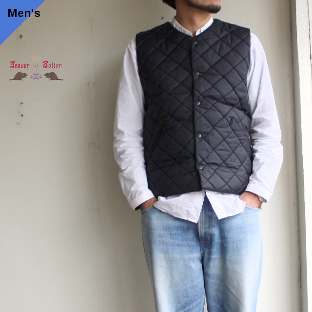 BEAVER of BOLTON キルティングカラーレス中綿ベスト ブラック - C