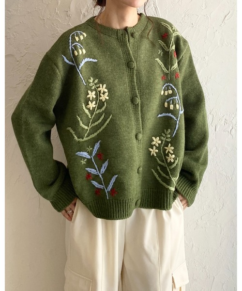 セール】花柄フラワー刺繍長袖ニットカーディガン（カーディガン