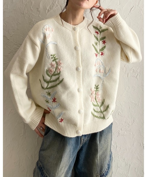 セール】花柄フラワー刺繍長袖ニットカーディガン（カーディガン