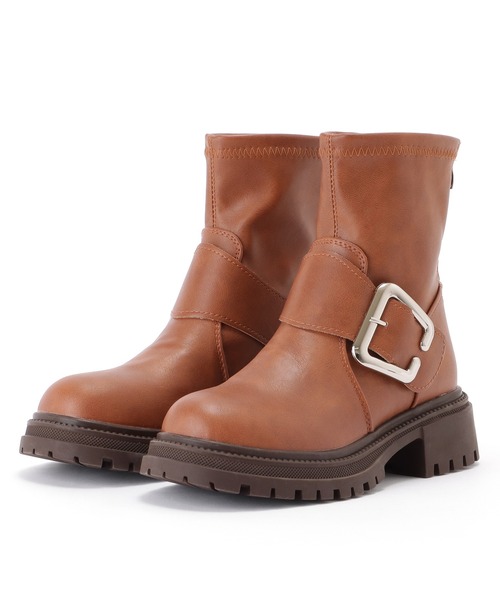 セール】レザー調ビッグバックル付きトラックショートブーツ（ブーツ