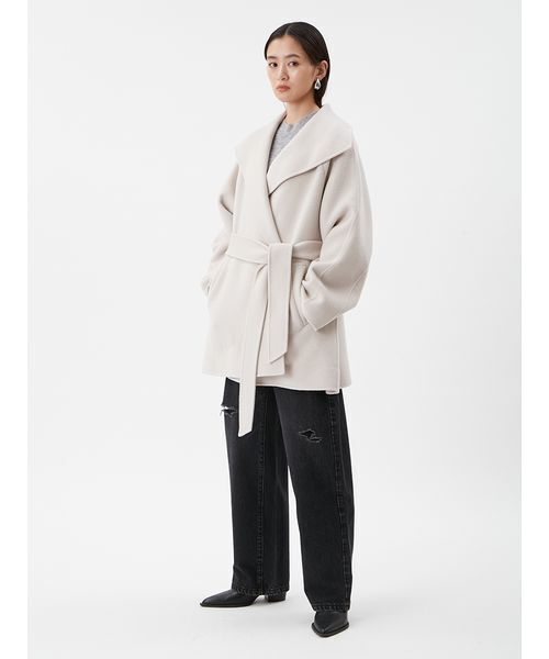 セール】共ベルト付きビックカラーミディ丈コート（ステンカラーコート