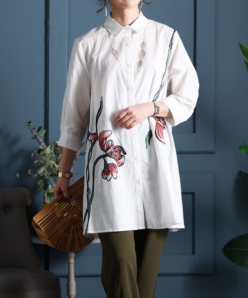 花柄刺繍7分袖シャツチュニック（シャツ/ブラウス）｜Sawa a la mode