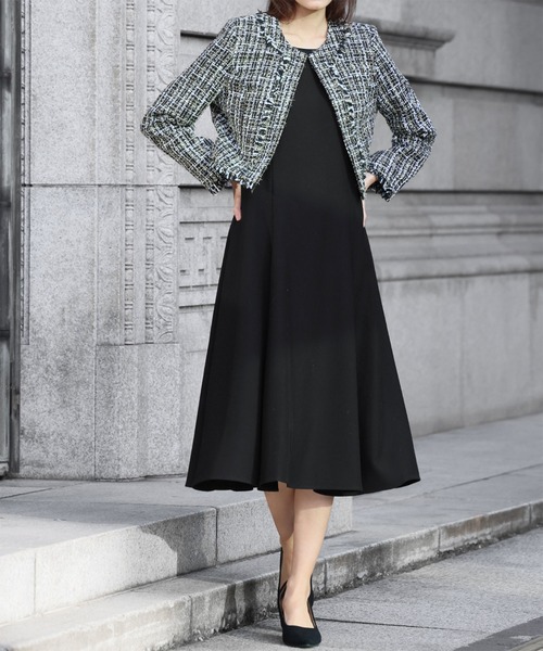 セール】ツイードノーカラージャケット フレアワンピース セットアップ