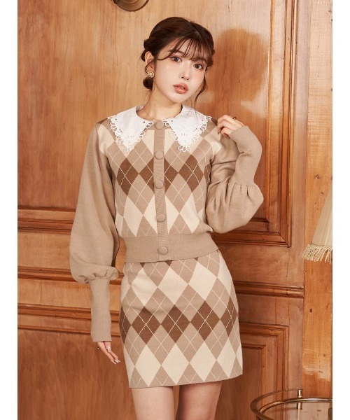 セール】ビックカラーアーガイルチェックニットトップス（ニット