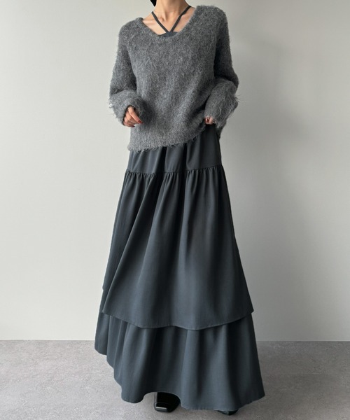 セール】バックリボンニット+ティアードフレアキャミワンピースset[高