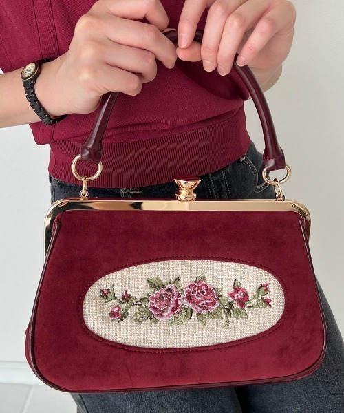 フレームローズ刺繍クロップドがま口バッグ/fint フィント