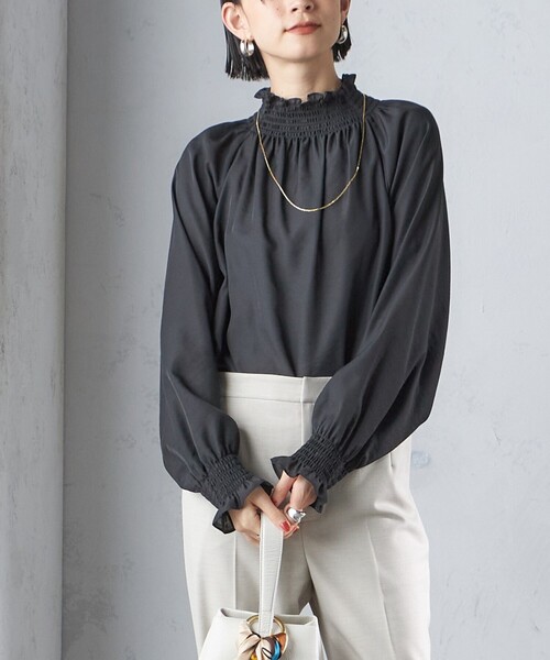 洗濯機可能〉シャーリング ネック 長袖 ブラウス（シャツ/ブラウス