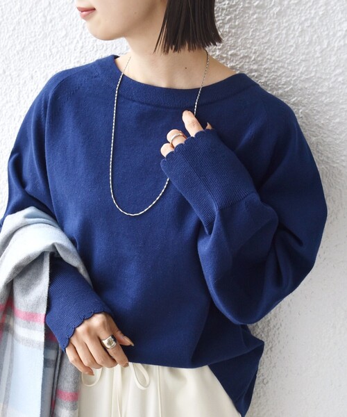 セール】〈手洗い可能〉コットン カシミヤ混 スカラップヘム ボート