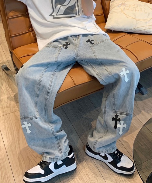 セール】クロスパッチ ルーズストレートデニムパンツ 十字ジーンズ