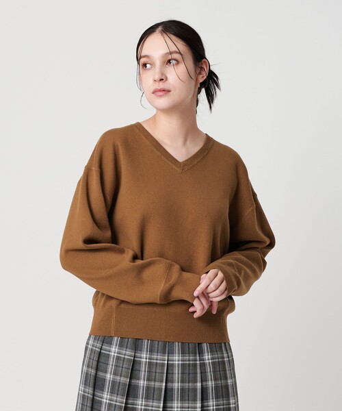 ソフトコットン Vネック スムース ニットプルオーバー ウォッシャブル