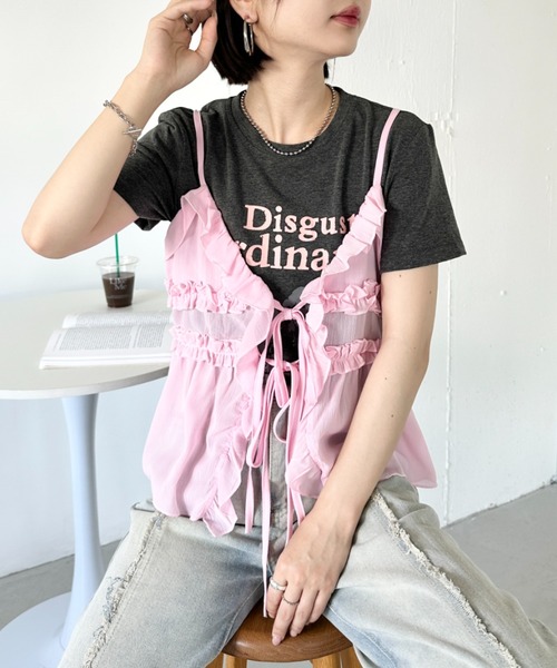 リボン付きピンクキャミソール ショルダーリボンキャミソール