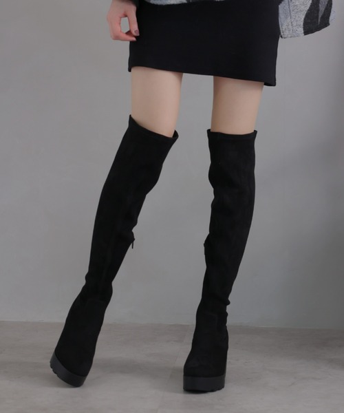 ラウンドトゥ厚底ストレッチニーハイブーツ（ブーツ）｜VIVIAN