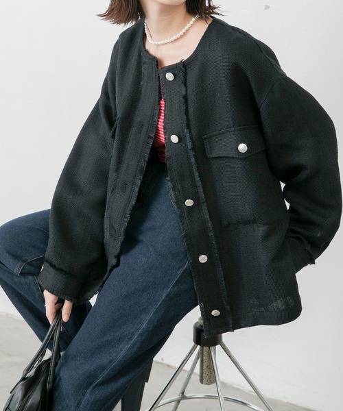 BONLECILL（ボンルシール）の「ツイードフリンジノーカラージャケット