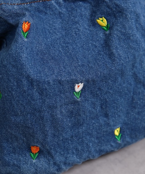セール】チューリップ刺繍 デニム 巾着 ショルダーバッグ（ショルダー