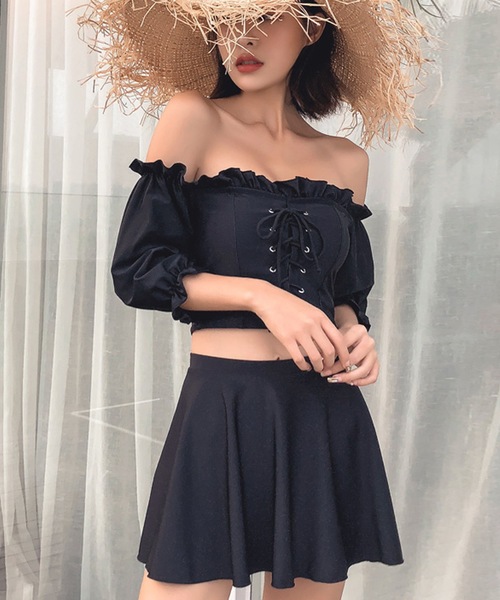 水着レディース オフショルダー2WAYバックフリルビキニ+スカート 2点