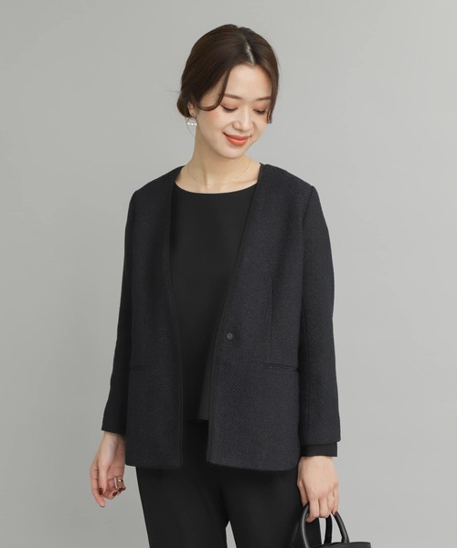 ツイードVネックロングジャケット（ノーカラージャケット）｜URBAN