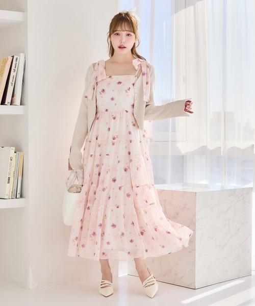 セール】ショートカーディガン＋肩リボンティアードロングワンピース