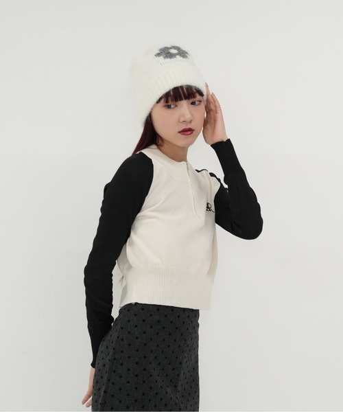cunii 】ハーフジップ クロップド ニット トップス 長袖 配色 ラグラン
