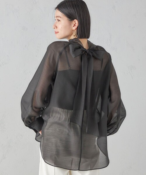 ドゥロワー 7万円 オーガンジー素材リボンシャツ ブラウス Drawer L