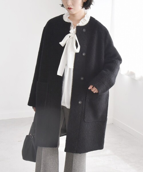 セール】quaranciel: ループヤーン ノーカラー ミドル コート（ノー