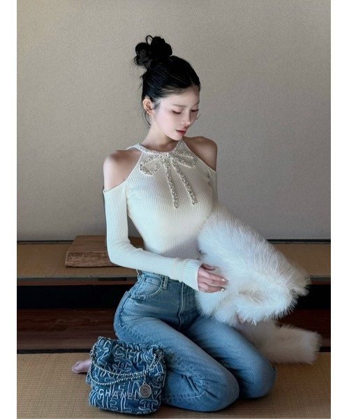 新品タグ付き ダーリッチ リボンビジューアメスリニットトップス