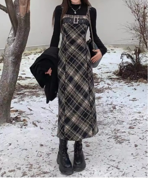 セール】Y2K チェック柄スイッチングロングキャミワンピース