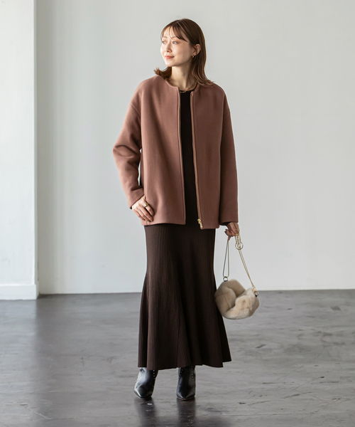 近年モデル Noble MTRカラーレスジップショートコート カシミヤ混 茶色