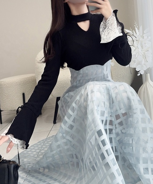 セール】【mily bilet】気分上がる上品シルエット♪袖レースリブニット